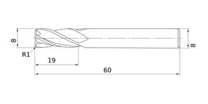 MITSUBISHI End Mills MS4MRBD0800R100 8.0mm Mstar, 4 Flute, Medium, Corner R' 1.0mm